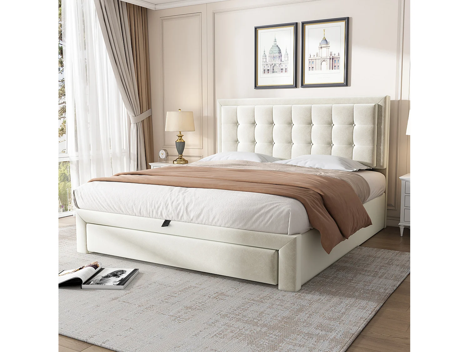 Lit 140 x 190 cm - Lit Rembourré Avec Coffre Et 2 Tiroirs - En Velours - Sommier À Lattes - Tête De Lit Réglable - Sans Matelas - Beige