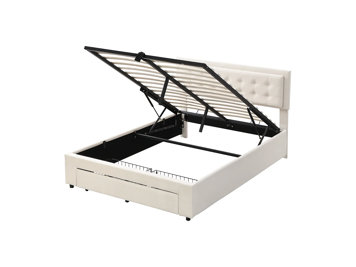 Lit 140 x 190 cm - Lit Rembourré Avec Coffre Et 2 Tiroirs - En Velours - Sommier À Lattes - Tête De Lit Réglable - Sans Matelas - Beige
