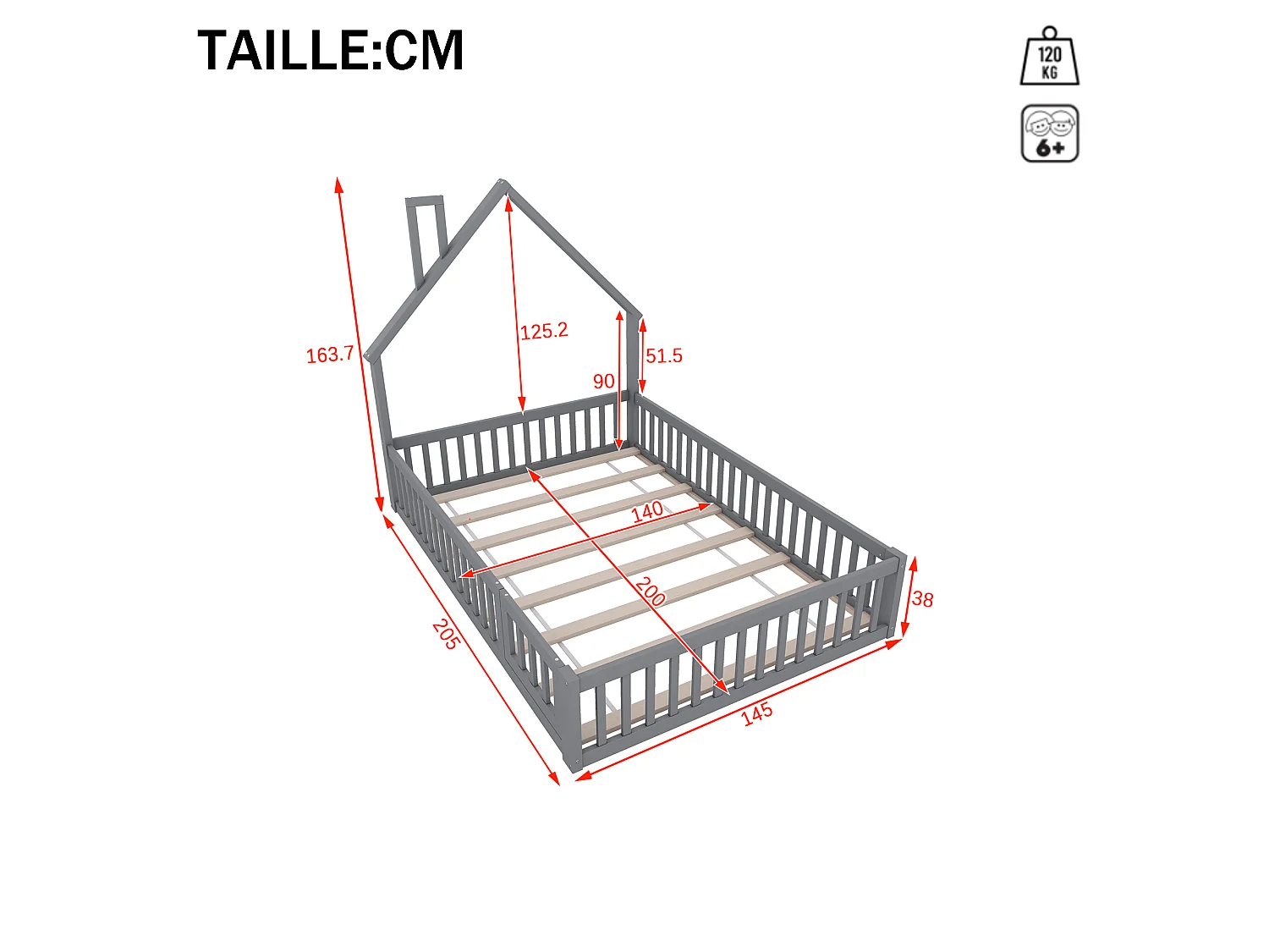 Lit enfants 140 x 200 cm - Structure Cheminée En Pin+MDF Avec Sommier À Lattes 8pcs Et Barrières De Sécurité - Sans Matelas - Gris