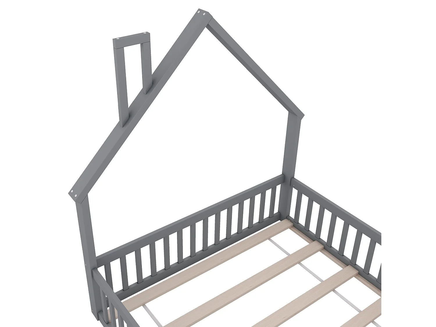 Lit enfants 140 x 200 cm - Structure Cheminée En Pin+MDF Avec Sommier À Lattes 8pcs Et Barrières De Sécurité - Sans Matelas - Gris
