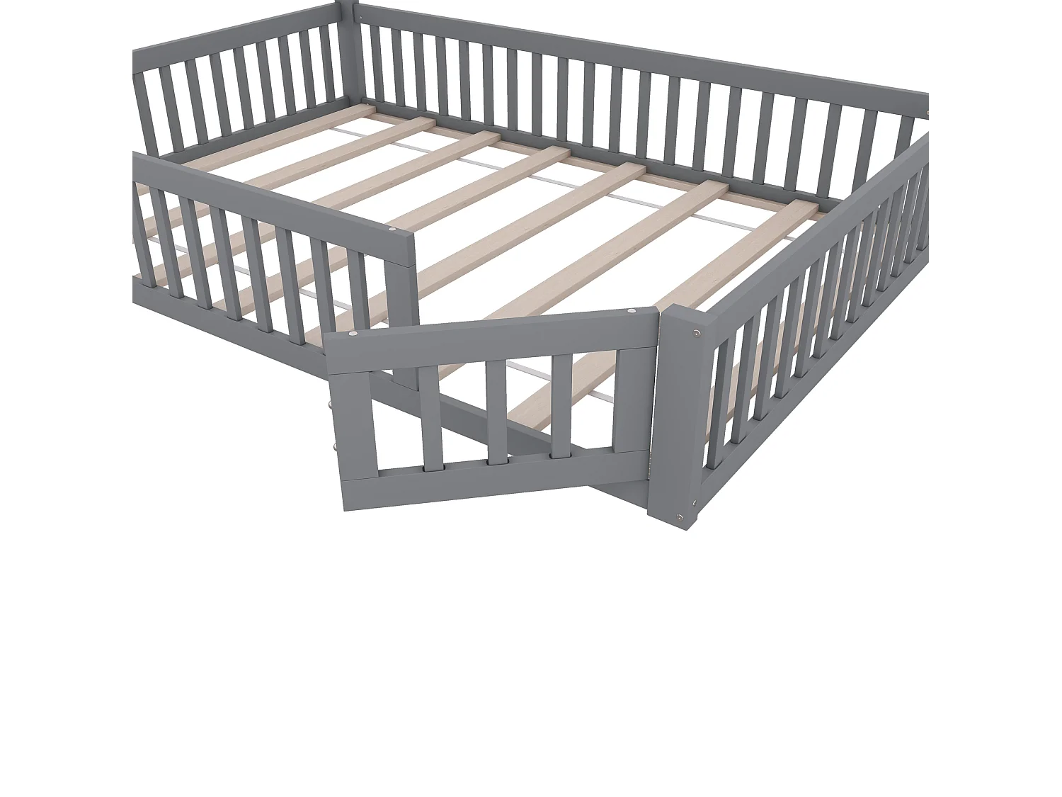 Lit enfants 140 x 200 cm - Structure Cheminée En Pin+MDF Avec Sommier À Lattes 8pcs Et Barrières De Sécurité - Sans Matelas - Gris