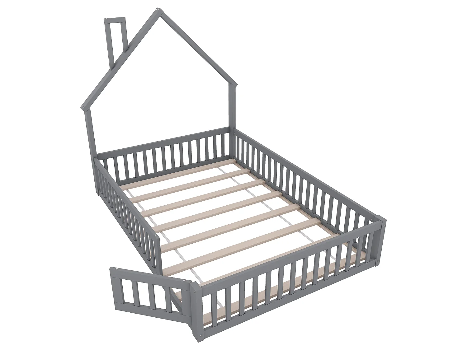 Lit enfants 140 x 200 cm - Structure Cheminée En Pin+MDF Avec Sommier À Lattes 8pcs Et Barrières De Sécurité - Sans Matelas - Gris