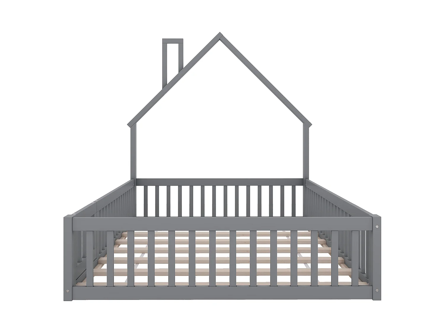 Lit enfants 140 x 200 cm - Structure Cheminée En Pin+MDF Avec Sommier À Lattes 8pcs Et Barrières De Sécurité - Sans Matelas - Gris