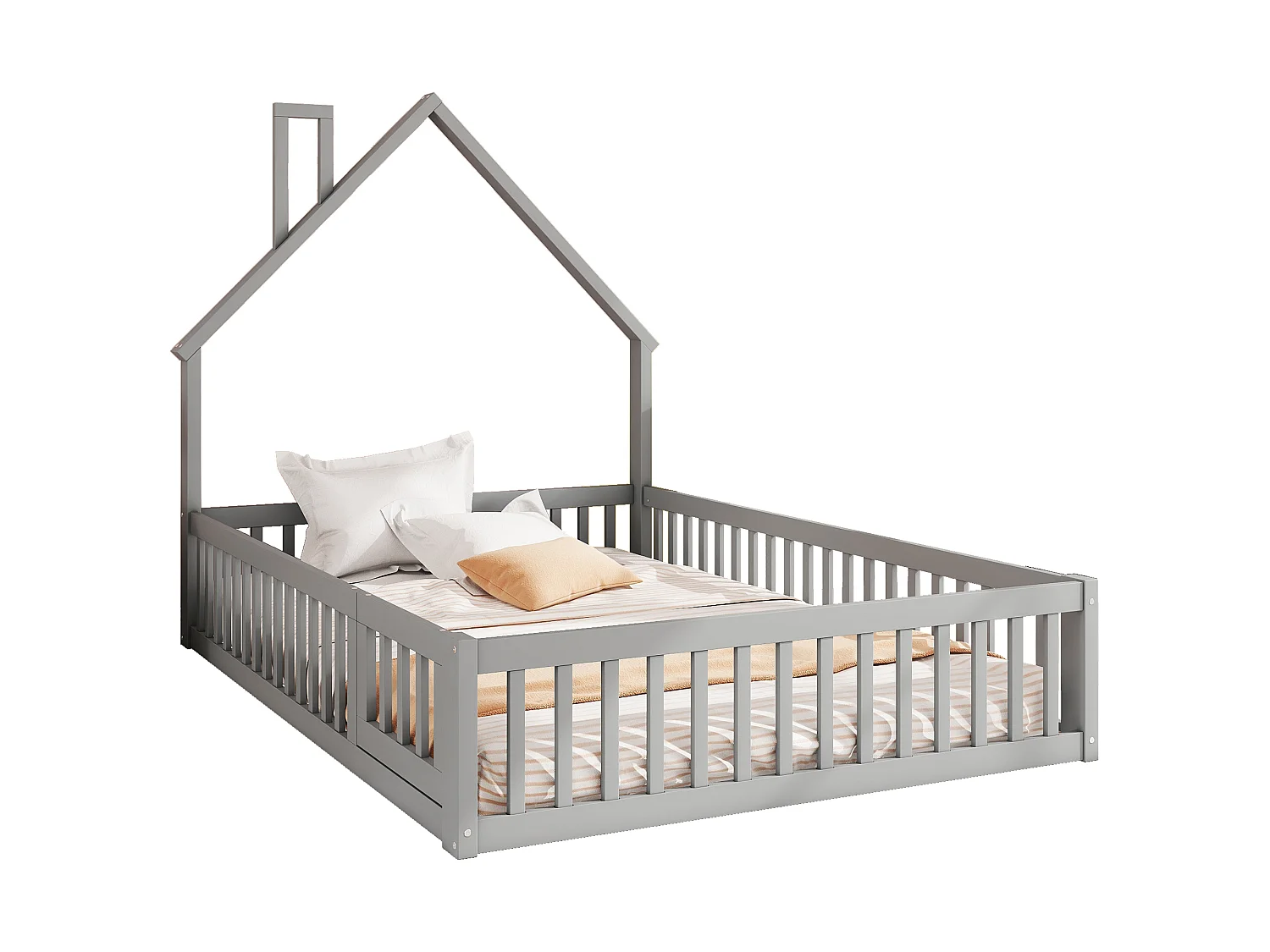 Lit enfants 140 x 200 cm - Structure Cheminée En Pin+MDF Avec Sommier À Lattes 8pcs Et Barrières De Sécurité - Sans Matelas - Gris