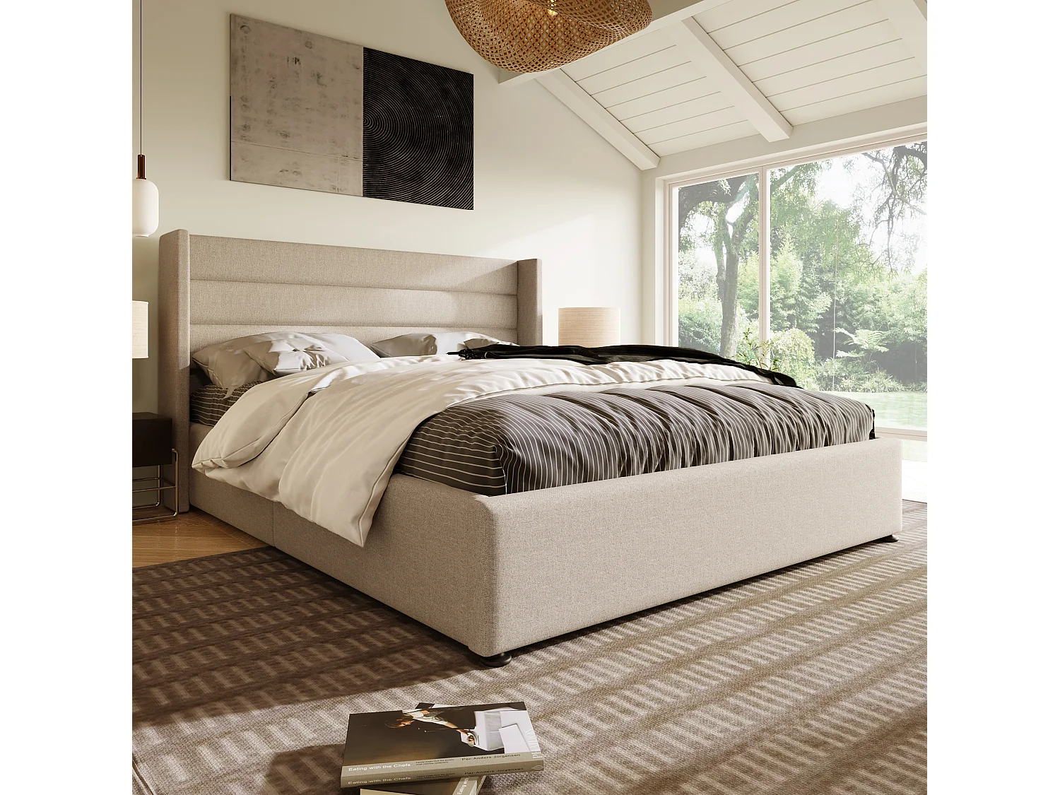 Lit 180 x 200 cm - Lit rembourré coffre hydraulique - En Lin, Sommier à lattes en bois - Coffre de rangement, Sans matelas - Beige