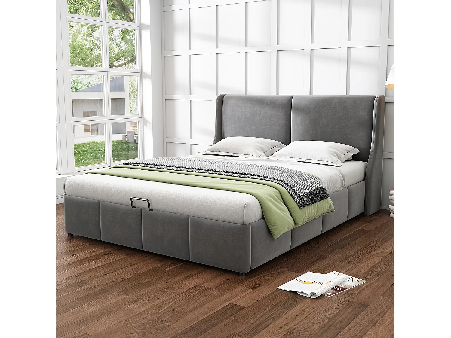 Lit rembourré 140 x 190 cm - Coffre hydraulique - En velours, design binaural classique et contemporain - Gris - Sans matelas