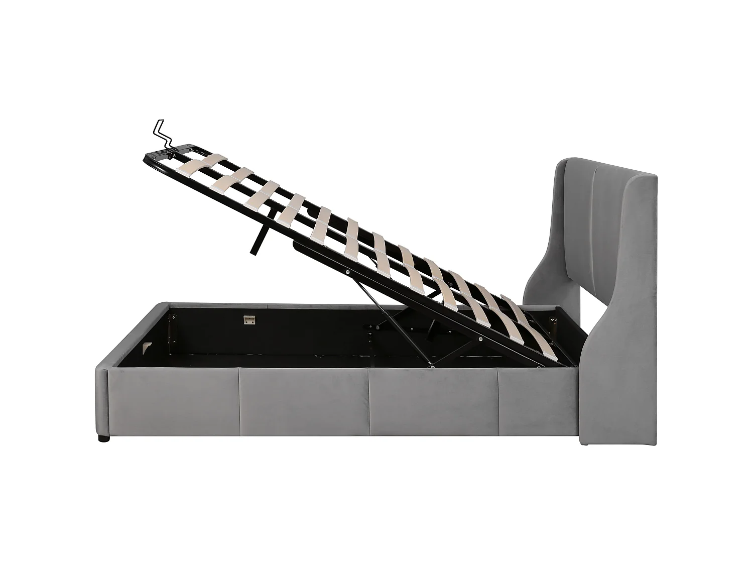 Lit rembourré 140 x 190 cm - Coffre hydraulique - En velours, design binaural classique et contemporain - Gris - Sans matelas