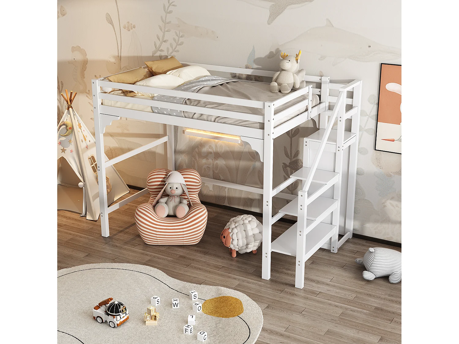Lit Mezzanine 140 x 200 cm - Lit Hauteur Avec Armoire Et Escalier Rangement - En Pin, Avec Sommier À Lattes, Sans matelas - Blanc