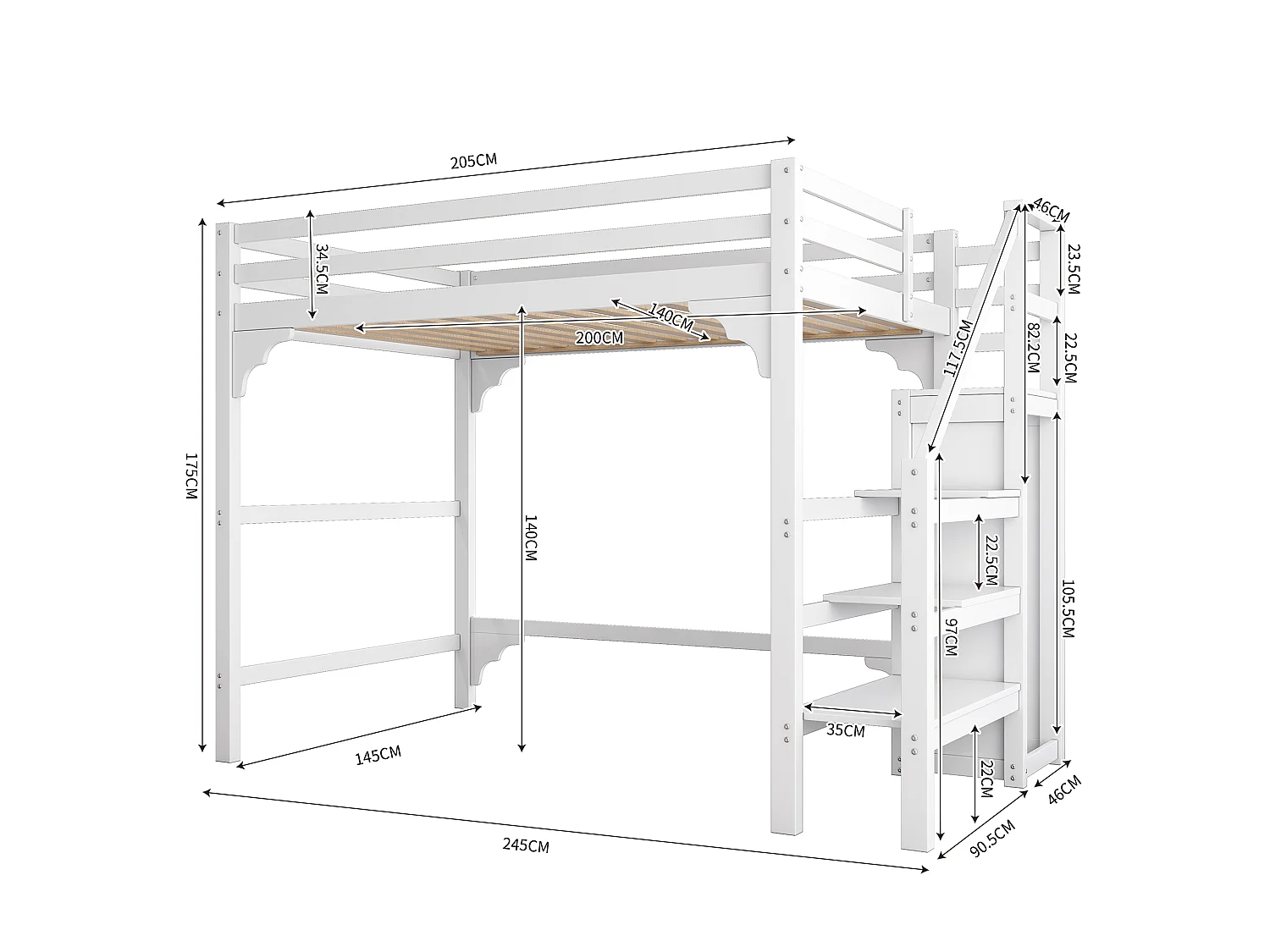 Lit Mezzanine 140 x 200 cm - Lit Hauteur Avec Armoire Et Escalier Rangement - En Pin, Avec Sommier À Lattes, Sans matelas - Blanc