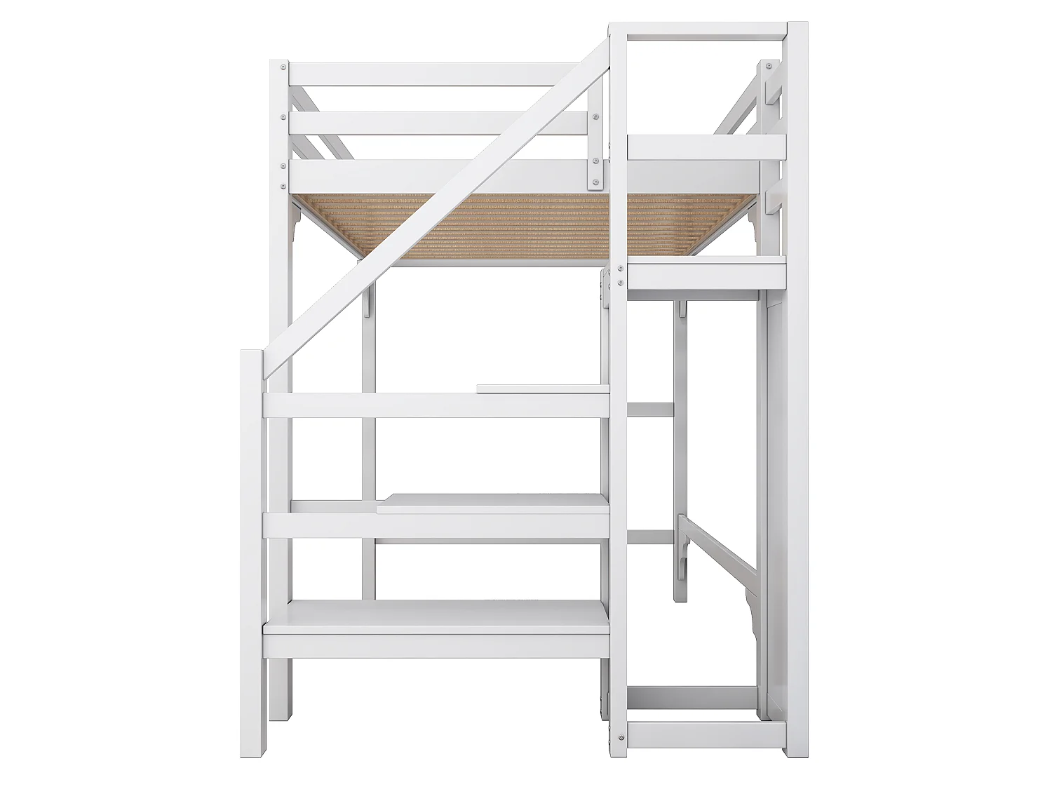 Lit Mezzanine 140 x 200 cm - Lit Hauteur Avec Armoire Et Escalier Rangement - En Pin, Avec Sommier À Lattes, Sans matelas - Blanc