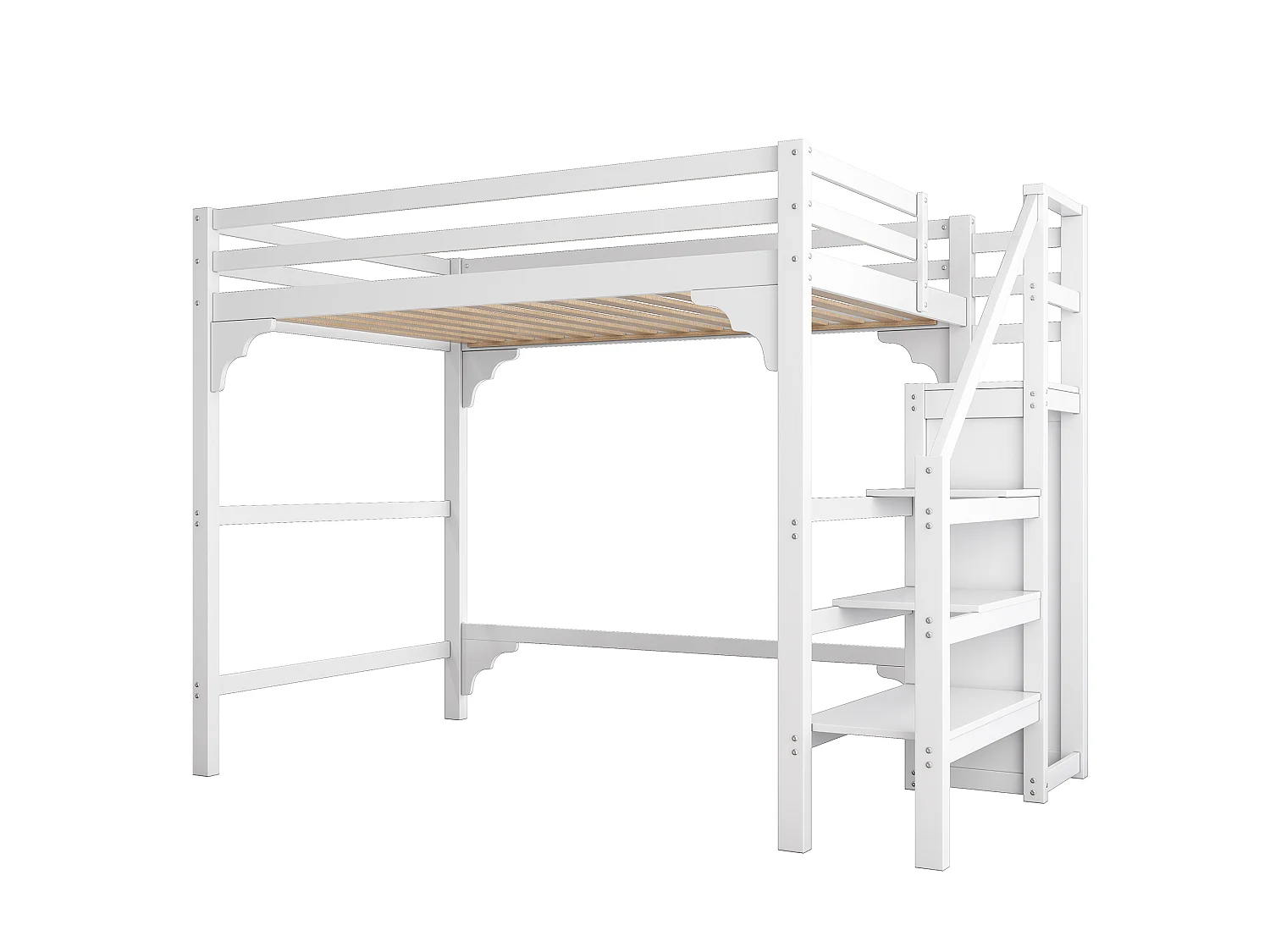 Lit Mezzanine 140 x 200 cm - Lit Hauteur Avec Armoire Et Escalier Rangement - En Pin, Avec Sommier À Lattes, Sans matelas - Blanc