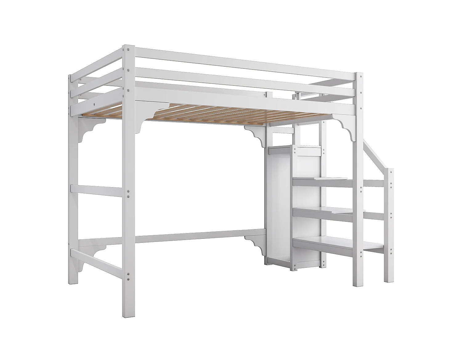 Lit Mezzanine 140 x 200 cm - Lit Hauteur Avec Armoire Et Escalier Rangement - En Pin, Avec Sommier À Lattes, Sans matelas - Blanc
