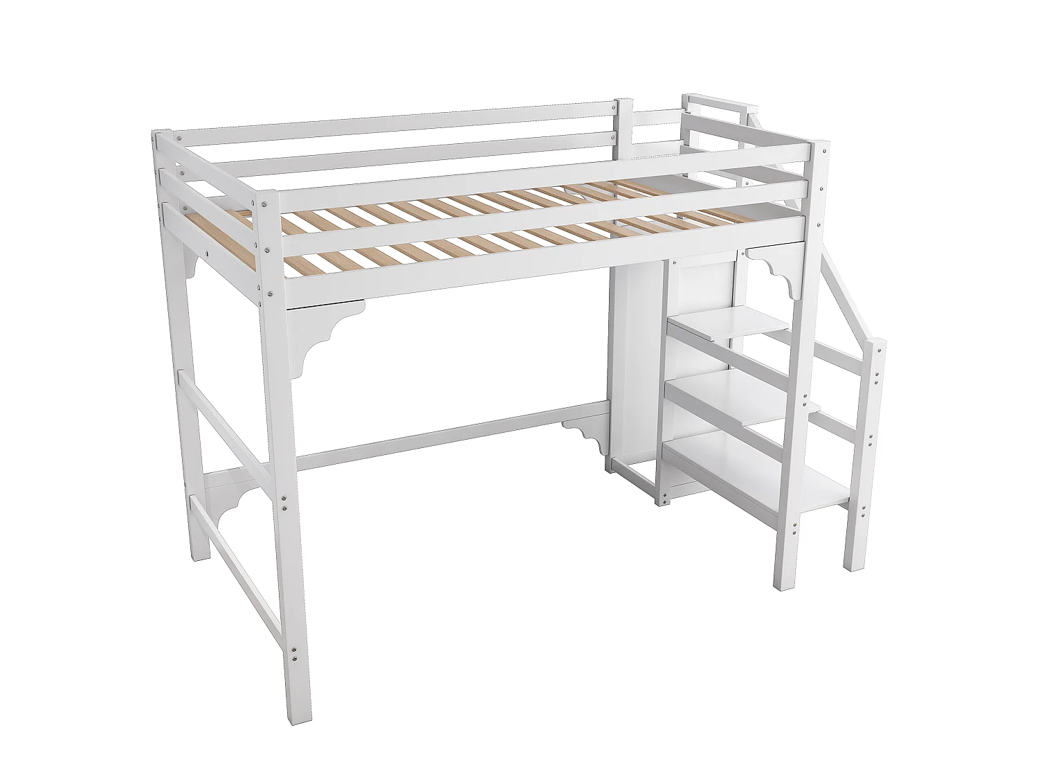 Lit Mezzanine 140 x 200 cm - Lit Hauteur Avec Armoire Et Escalier Rangement - En Pin, Avec Sommier À Lattes, Sans matelas - Blanc