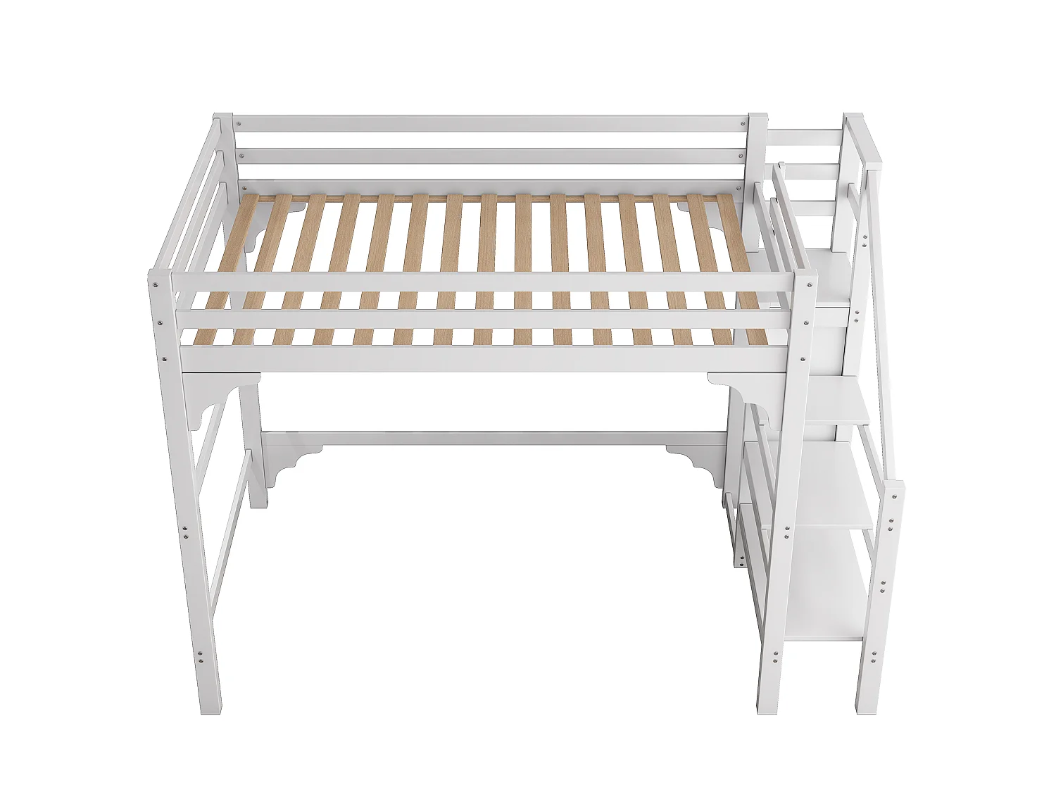 Lit Mezzanine 140 x 200 cm - Lit Hauteur Avec Armoire Et Escalier Rangement - En Pin, Avec Sommier À Lattes, Sans matelas - Blanc