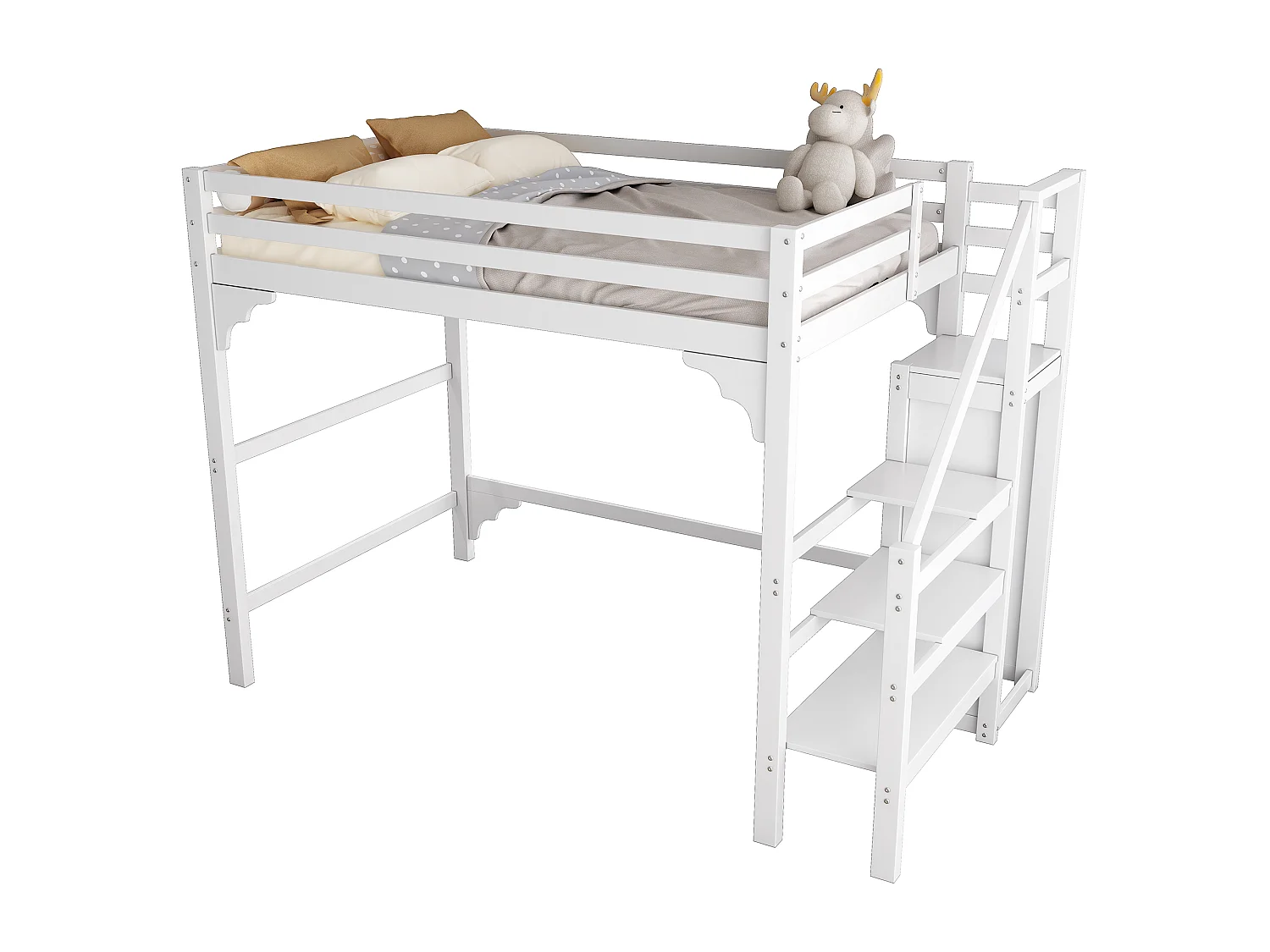 Lit Mezzanine 140 x 200 cm - Lit Hauteur Avec Armoire Et Escalier Rangement - En Pin, Avec Sommier À Lattes, Sans matelas - Blanc