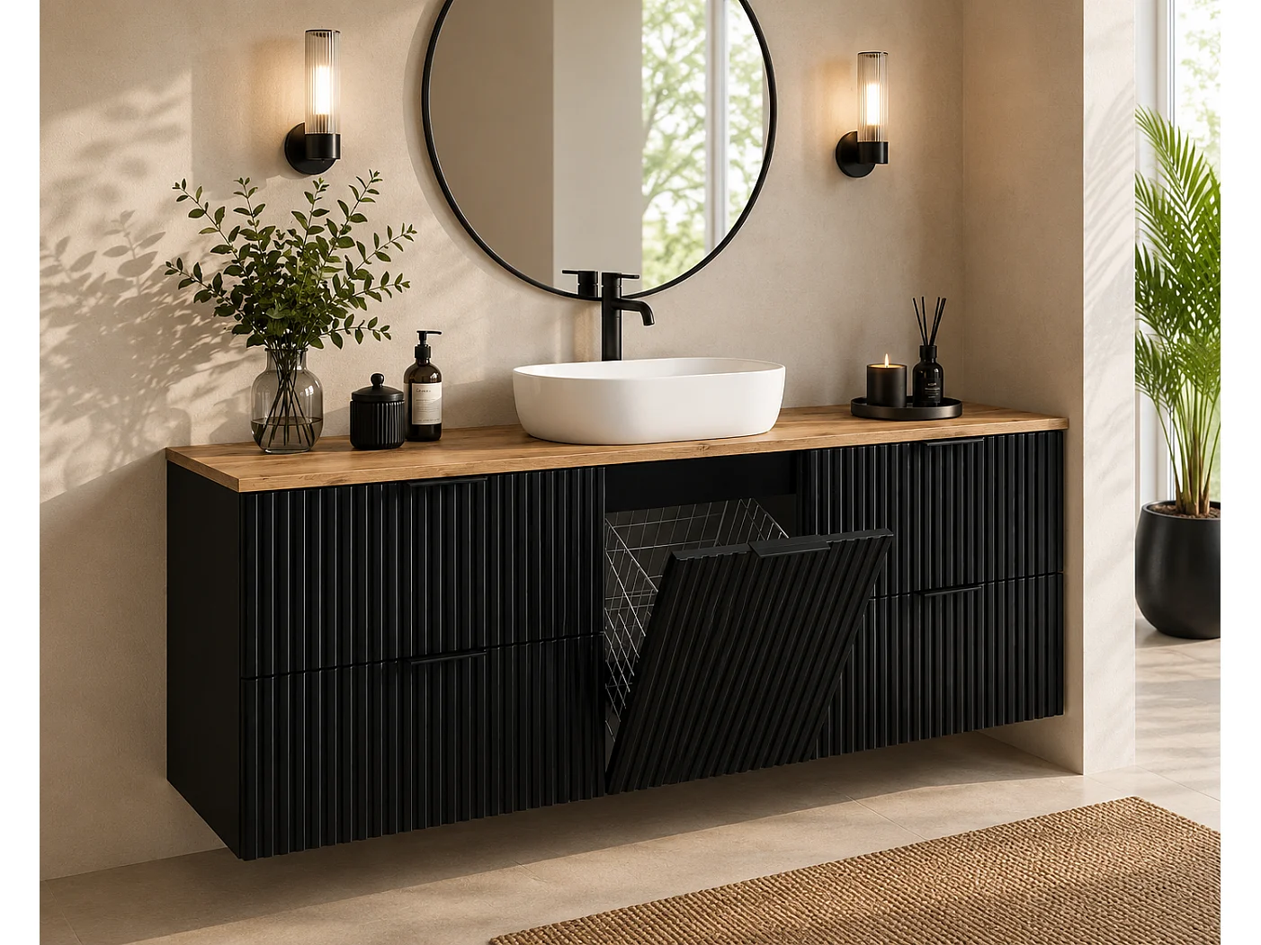 Wall-hung bathroom vanity unit with laundry basket, Black / top Craft oak, Black handles, 160 x 46 x 57 cm