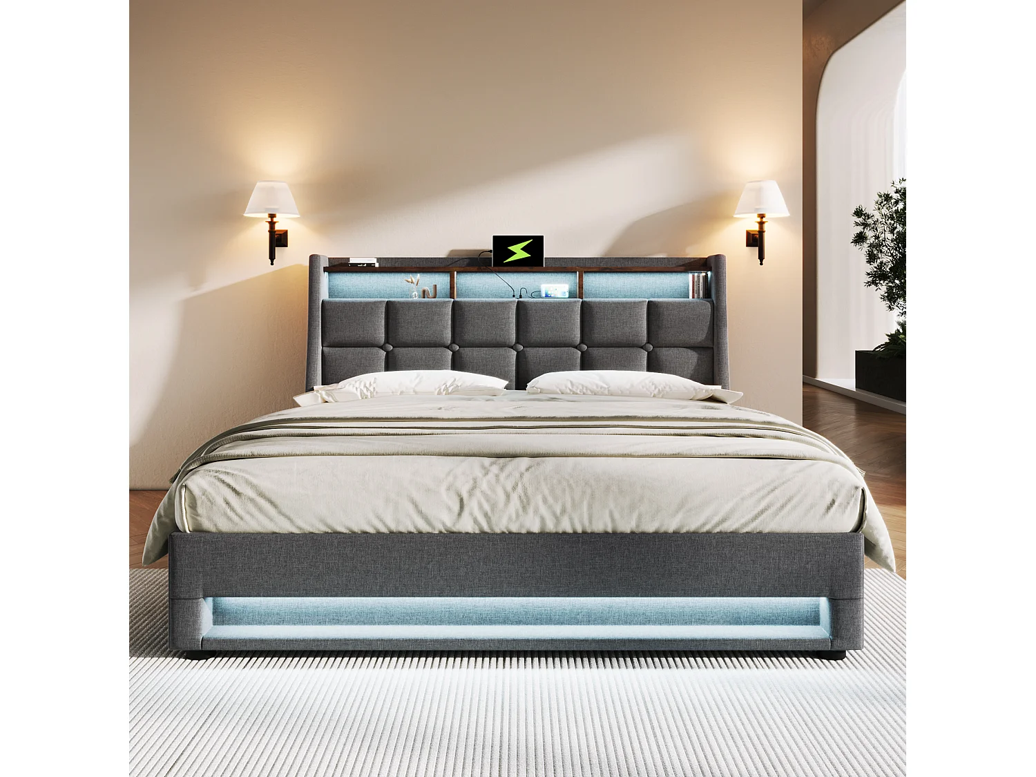Lit 180 x 200 cm - Lit Rembourré en Lin - Coffre de Rangement, LED Intégrée, Port USB et Sommier à Lattes Métal - Gris - Sans Matelas