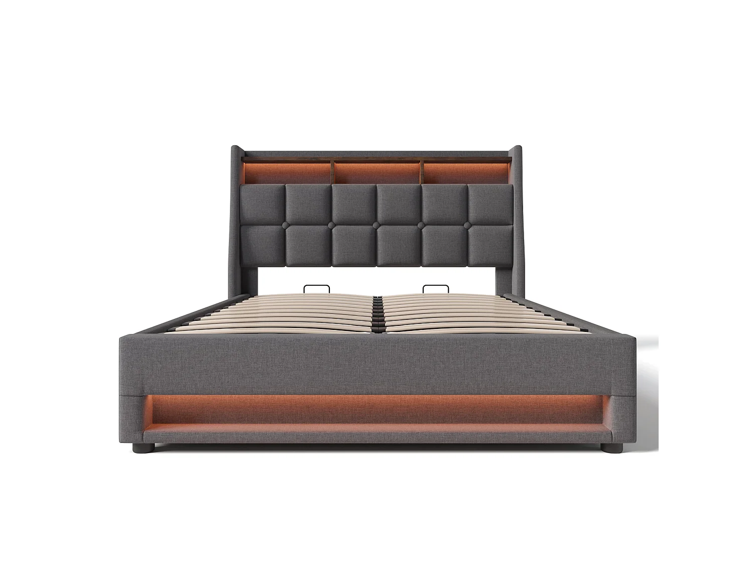 Lit 180 x 200 cm - Lit Rembourré en Lin - Coffre de Rangement, LED Intégrée, Port USB et Sommier à Lattes Métal - Gris - Sans Matelas