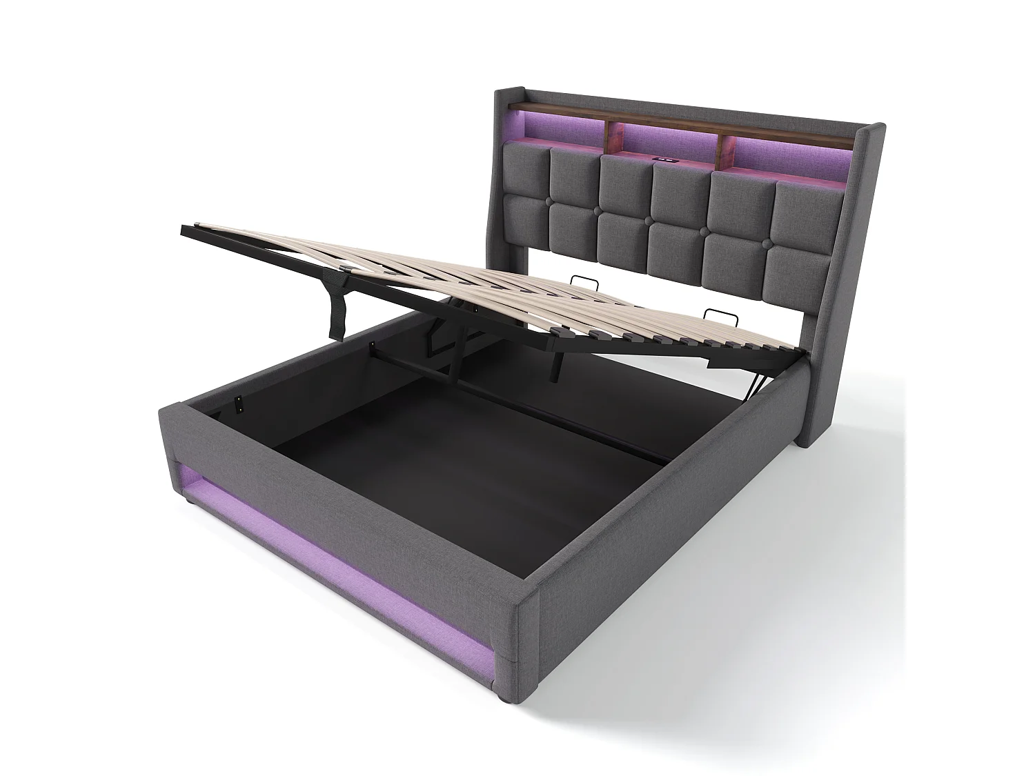Lit 180 x 200 cm - Lit Rembourré en Lin - Coffre de Rangement, LED Intégrée, Port USB et Sommier à Lattes Métal - Gris - Sans Matelas