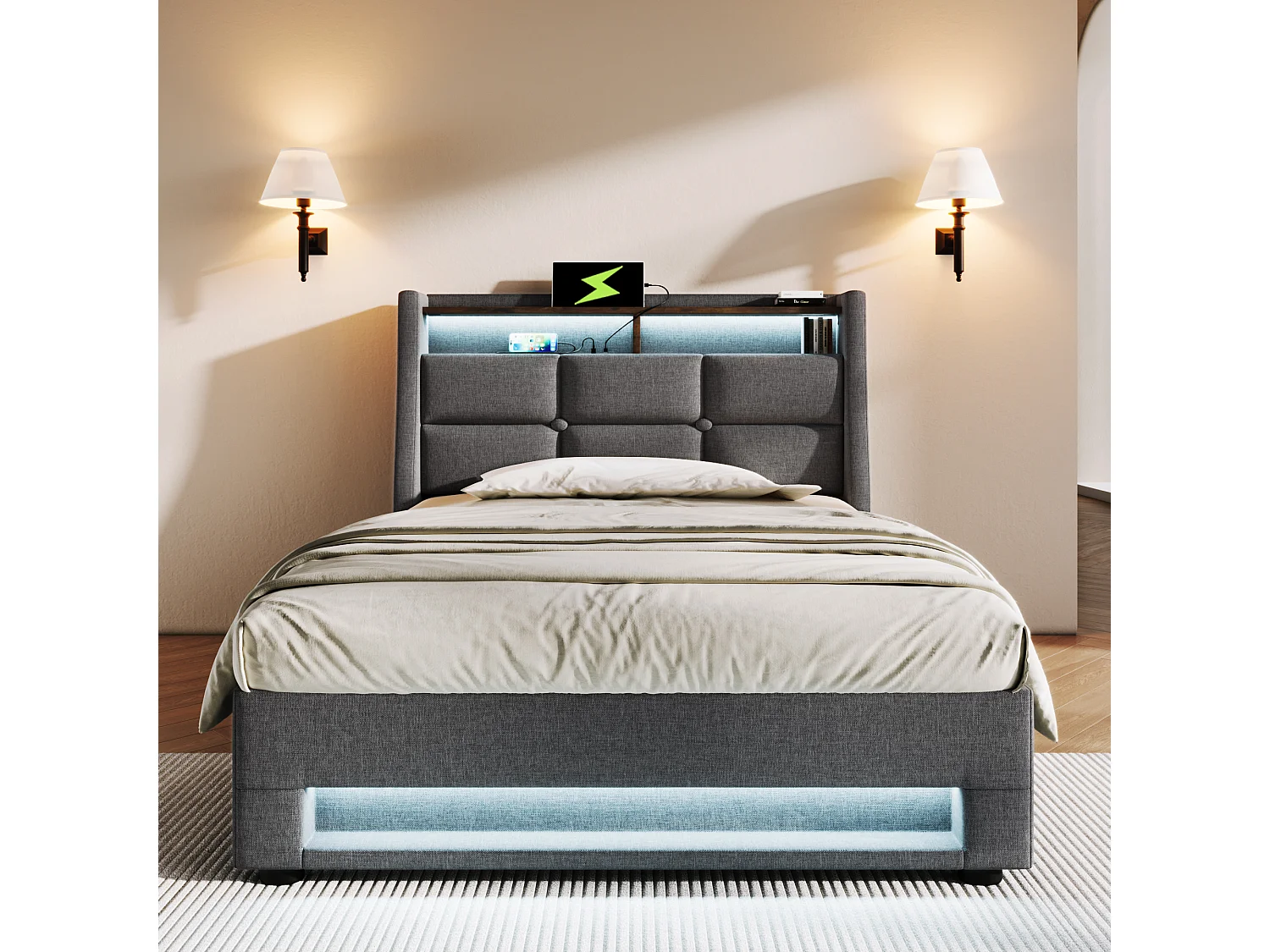 Lit 90 x 200 cm - Lit simple capitonné - En tissu lin - LED et prise USB intégrées, coffre relevable - Gris - AB20122324G - Sans matelas