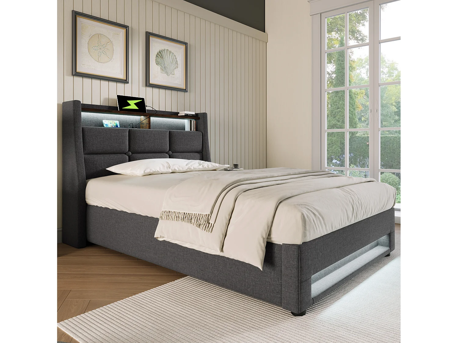 Lit 90 x 200 cm - Lit simple capitonné - En tissu lin - LED et prise USB intégrées, coffre relevable - Gris - AB20122324G - Sans matelas