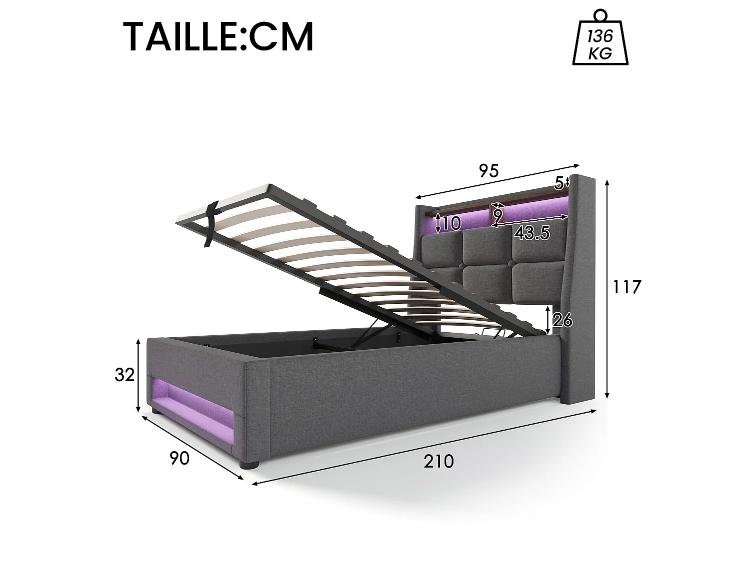 Lit 90 x 200 cm - Lit simple capitonné - En tissu lin - LED et prise USB intégrées, coffre relevable - Gris - AB20122324G - Sans matelas