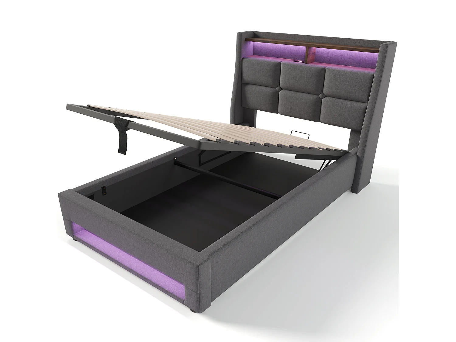 Lit 90 x 200 cm - Lit simple capitonné - En tissu lin - LED et prise USB intégrées, coffre relevable - Gris - AB20122324G - Sans matelas