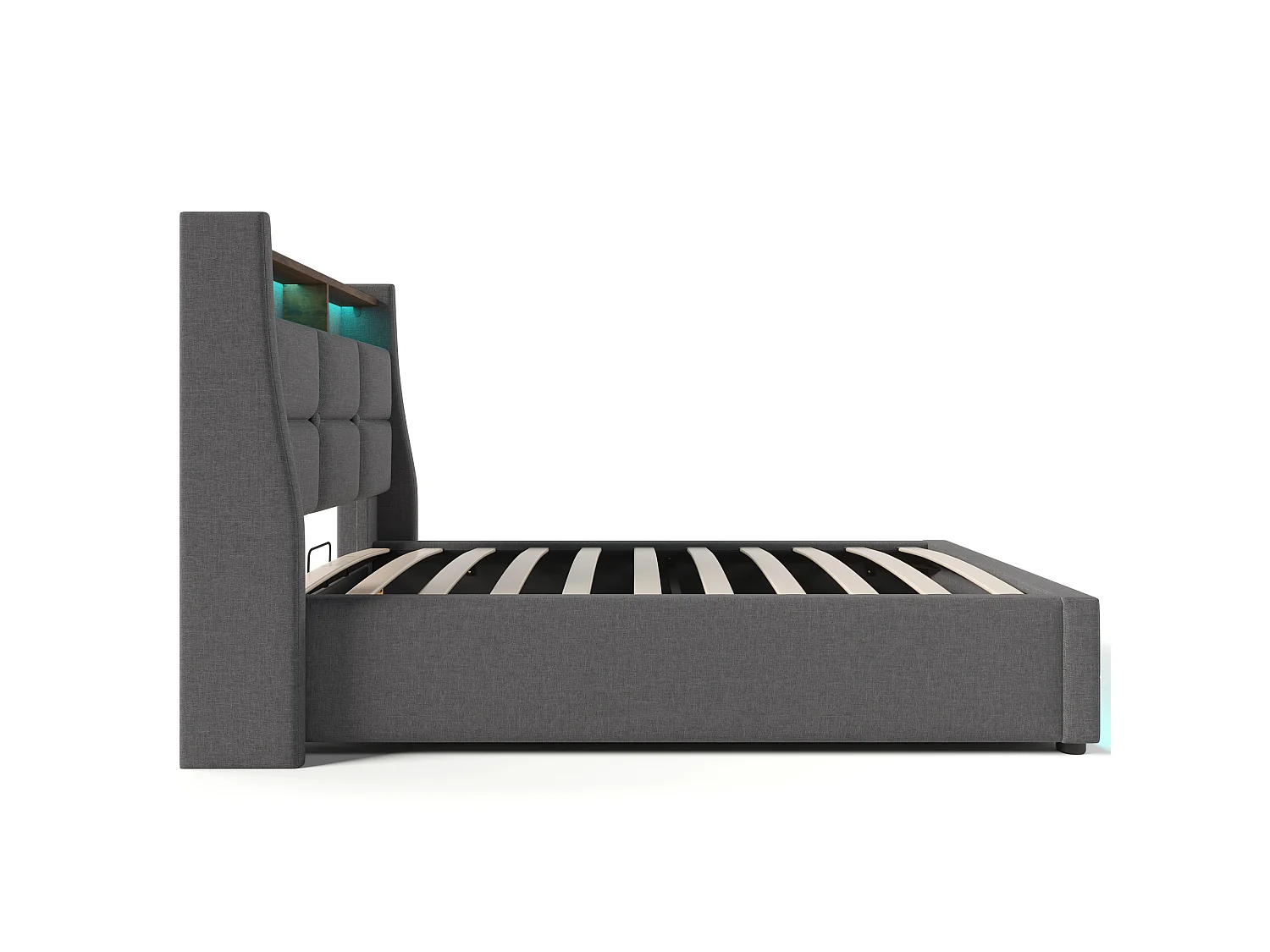 Lit 90 x 200 cm - Lit simple capitonné - En tissu lin - LED et prise USB intégrées, coffre relevable - Gris - AB20122324G - Sans matelas