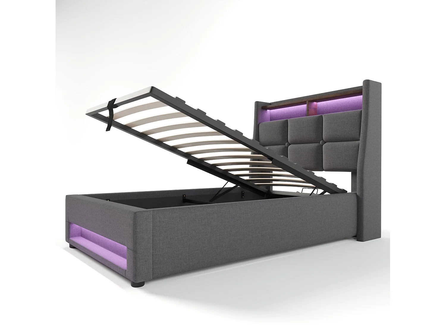 Lit 90 x 200 cm - Lit simple capitonné - En tissu lin - LED et prise USB intégrées, coffre relevable - Gris - AB20122324G - Sans matelas