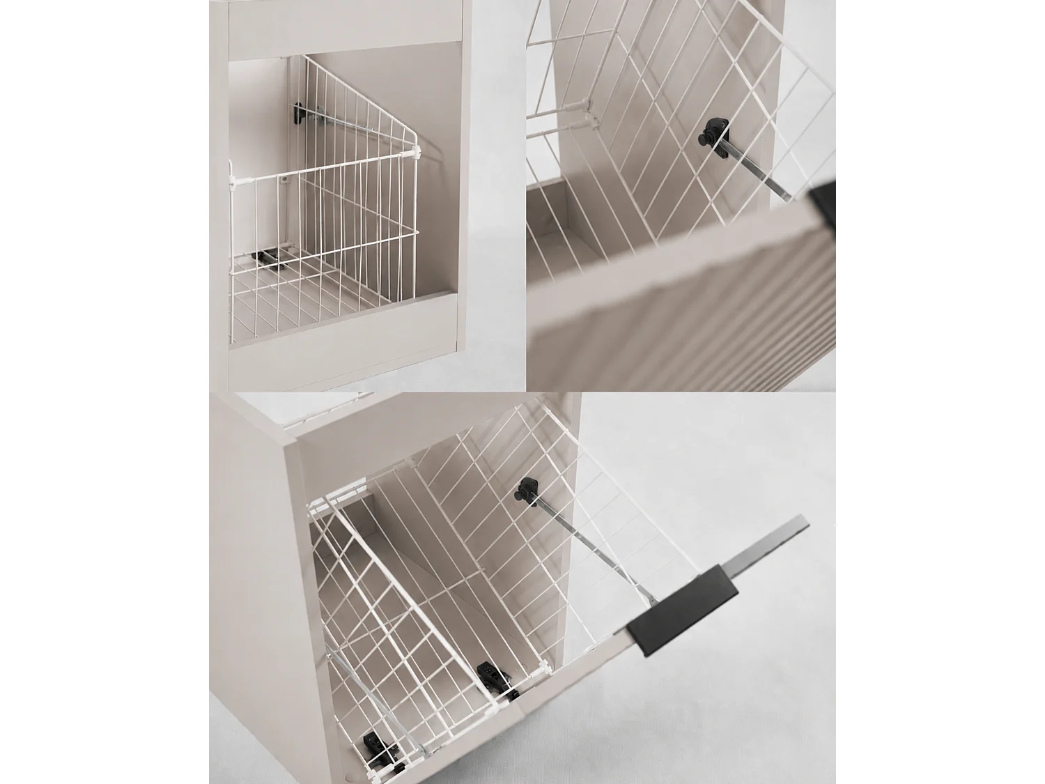 Meuble sous vasque suspendu avec panier à linge, cachemire / plan chêne clair, poignées noires, 160 x 46 x 57 cm