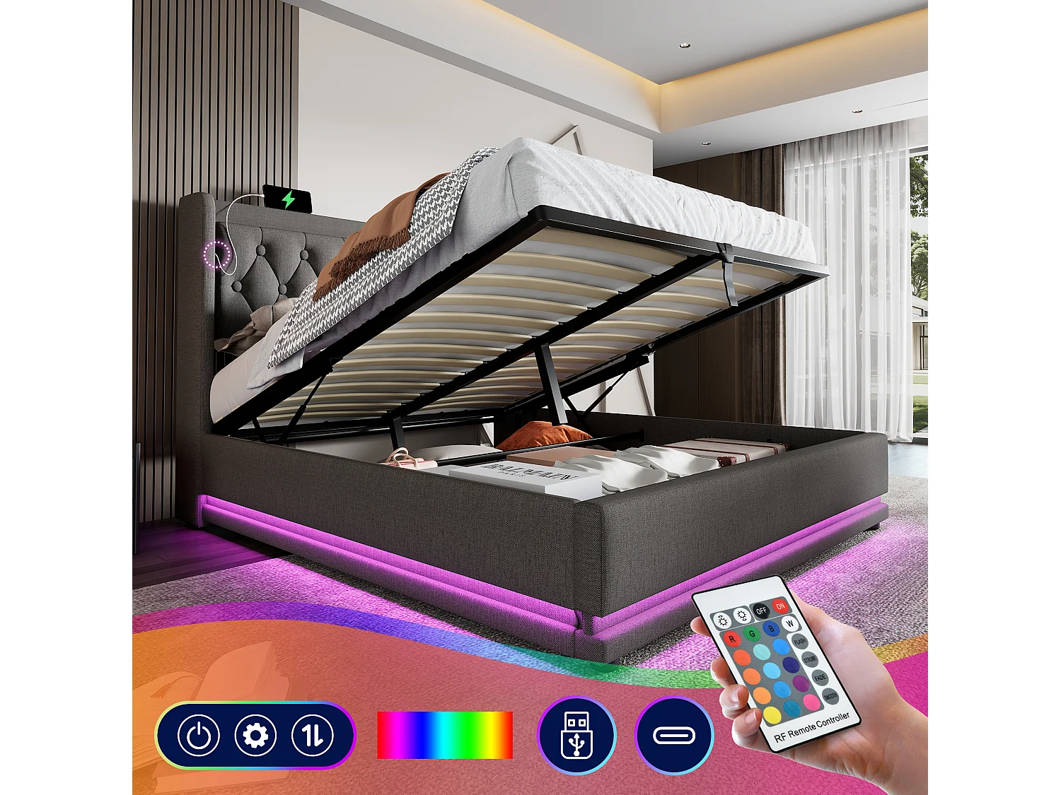 Lit Adulte 180 x 200 cm - Lit Coffre Hydraulique - En Coton - USB Type-C Et Éclairage LED 3 Faces - Avec Sommier À Lattes - Sans Matelas - Gris