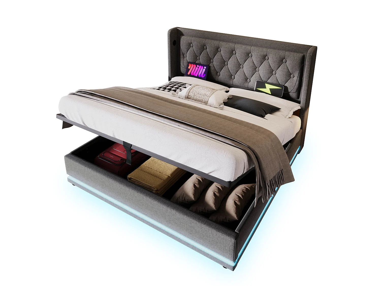 Lit Adulte 180 x 200 cm - Lit Coffre Hydraulique - En Coton - USB Type-C Et Éclairage LED 3 Faces - Avec Sommier À Lattes - Sans Matelas - Gris