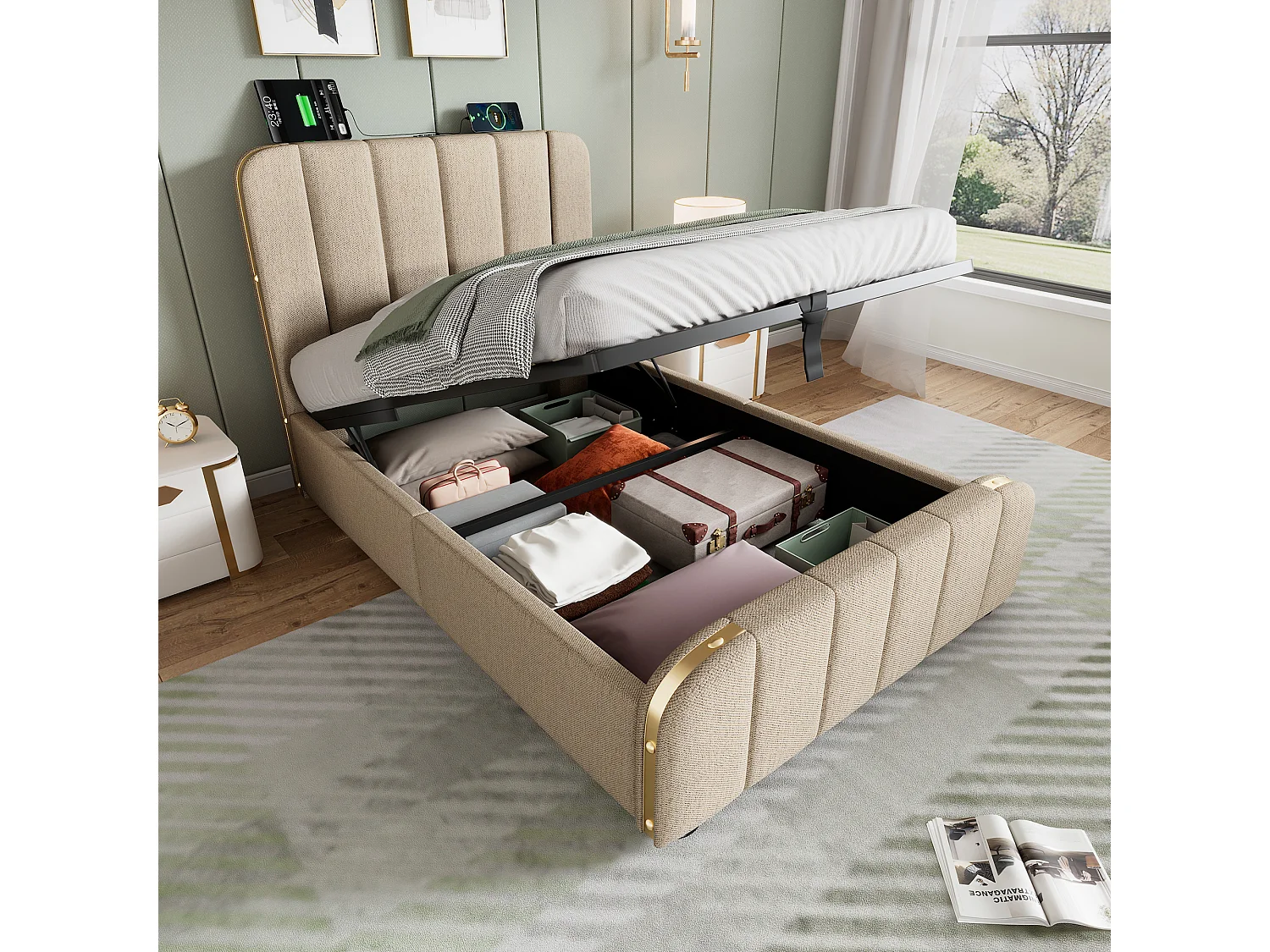 Lit adulte 90 x 200 cm - Lit rembourré coffre hydraulique avec tête à bandes métalliques dorées, Port USB/Type-C - Lin - Beige - Sans matelas