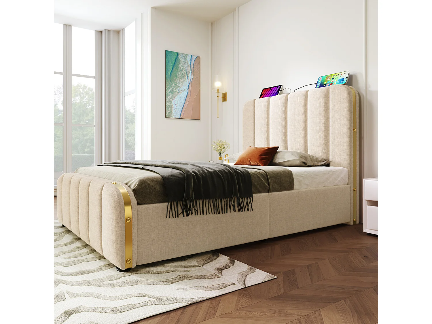 Lit adulte 90 x 200 cm - Lit rembourré coffre hydraulique avec tête à bandes métalliques dorées, Port USB/Type-C - Lin - Beige - Sans matelas