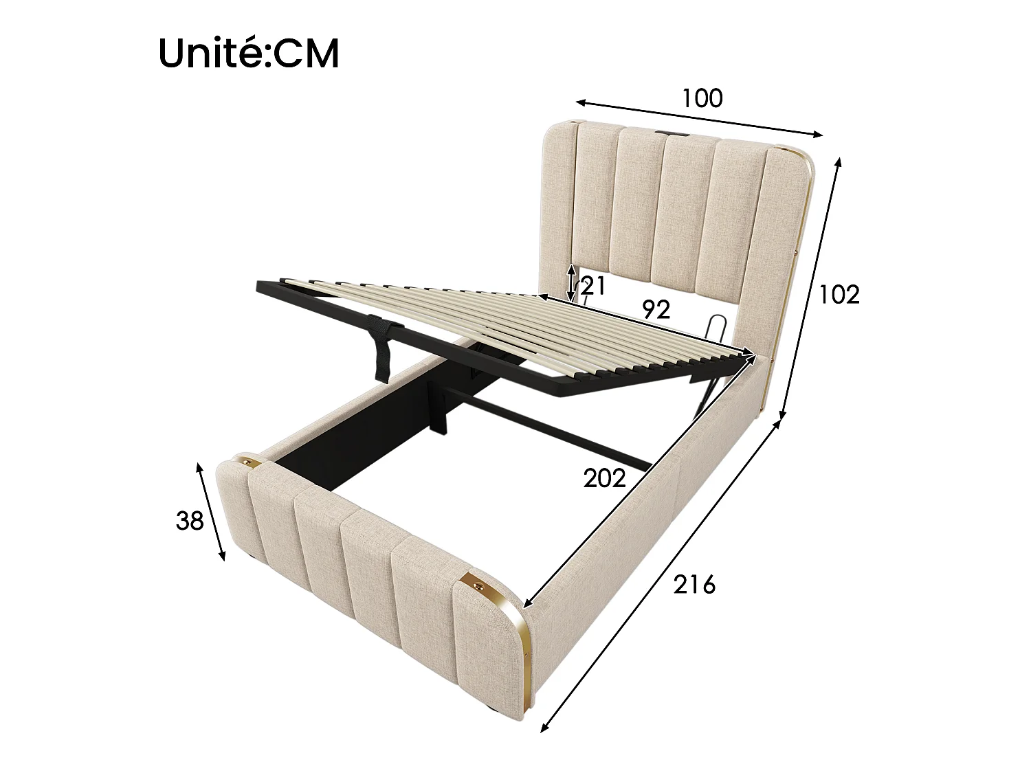 Lit adulte 90 x 200 cm - Lit rembourré coffre hydraulique avec tête à bandes métalliques dorées, Port USB/Type-C - Lin - Beige - Sans matelas