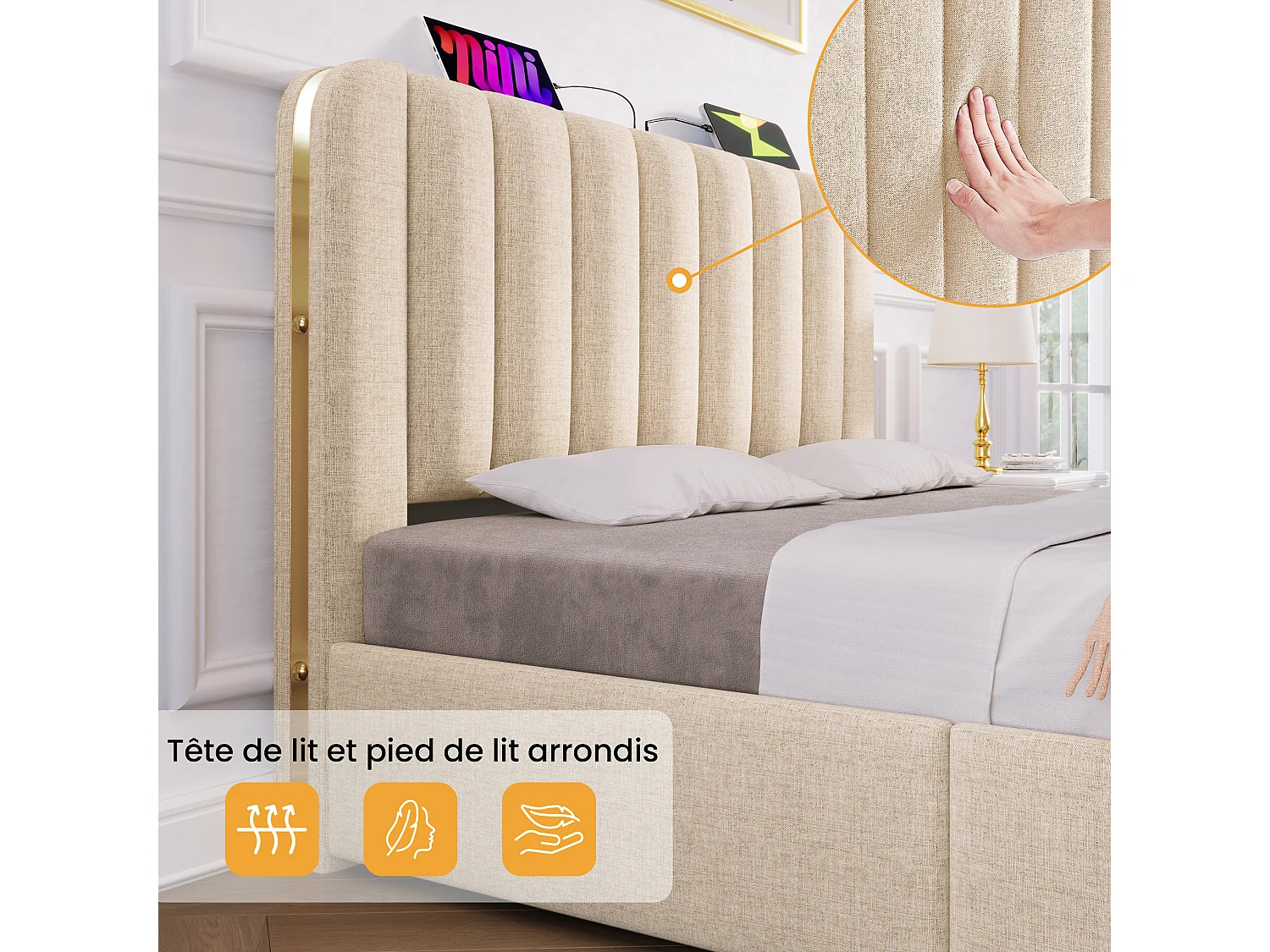 Lit adulte 90 x 200 cm - Lit rembourré coffre hydraulique avec tête à bandes métalliques dorées, Port USB/Type-C - Lin - Beige - Sans matelas
