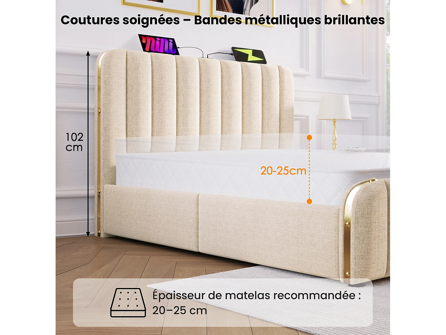 Lit adulte 90 x 200 cm - Lit rembourré coffre hydraulique avec tête à bandes métalliques dorées, Port USB/Type-C - Lin - Beige - Sans matelas