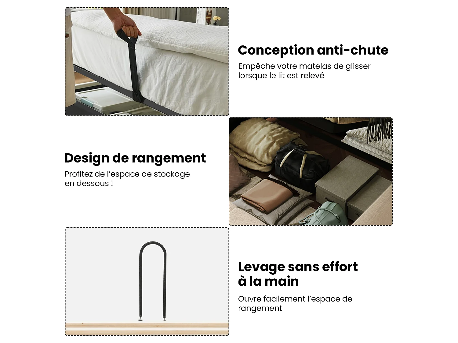 Lit adulte 90 x 200 cm - Lit rembourré coffre hydraulique avec tête à bandes métalliques dorées, Port USB/Type-C - Lin - Beige - Sans matelas