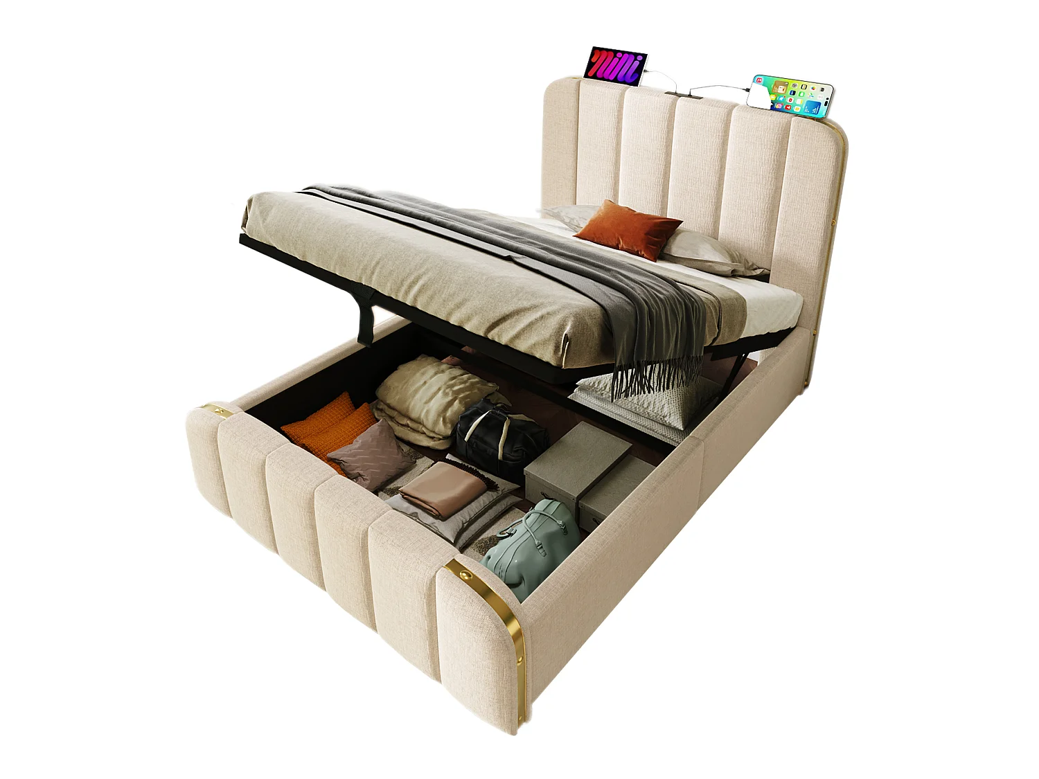 Lit adulte 90 x 200 cm - Lit rembourré coffre hydraulique avec tête à bandes métalliques dorées, Port USB/Type-C - Lin - Beige - Sans matelas