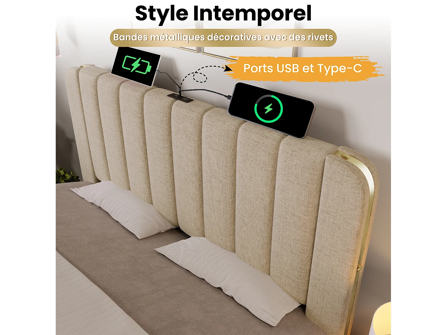 Lit adulte 90 x 200 cm - Lit rembourré coffre hydraulique avec tête à bandes métalliques dorées, Port USB/Type-C - Lin - Beige - Sans matelas