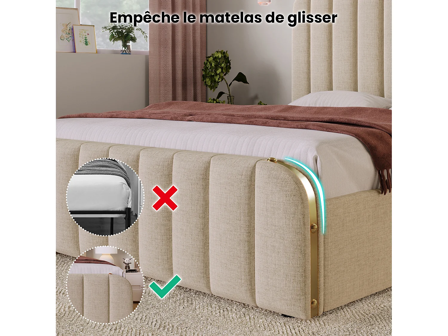 Lit adulte 90 x 200 cm - Lit rembourré coffre hydraulique avec tête à bandes métalliques dorées, Port USB/Type-C - Lin - Beige - Sans matelas