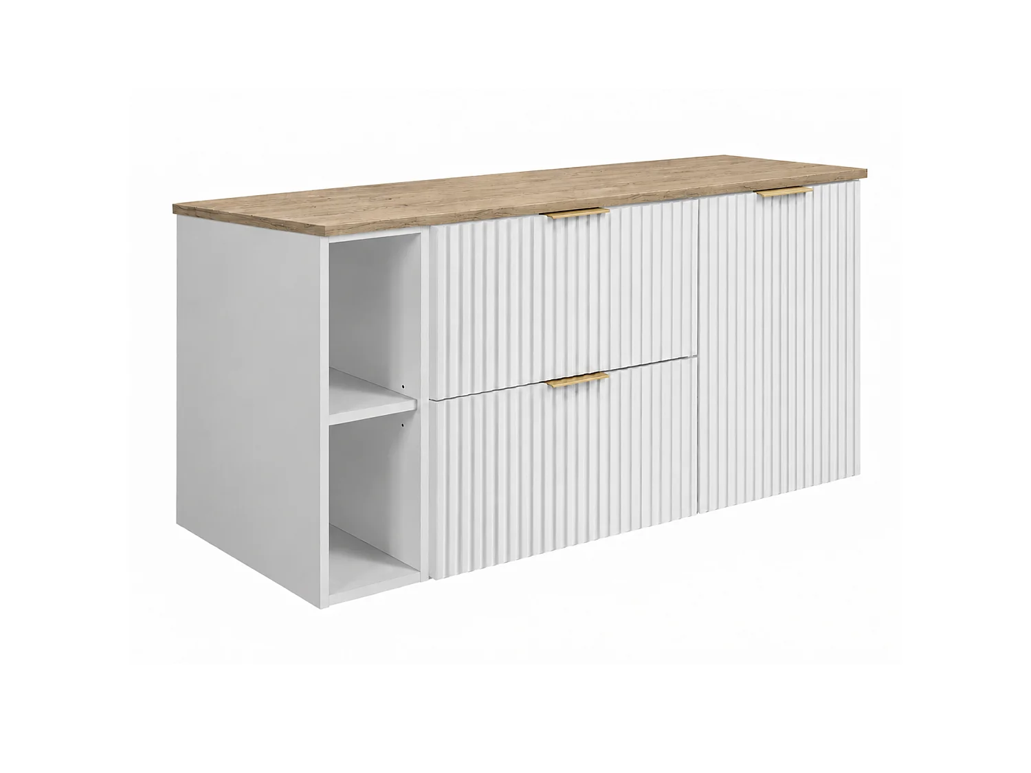Ensemble de meubles de salle de bain avec panier à linge, Blanc / Plan Chêne Clair / Poignées Dorées, 120 x 57 x 46 cm