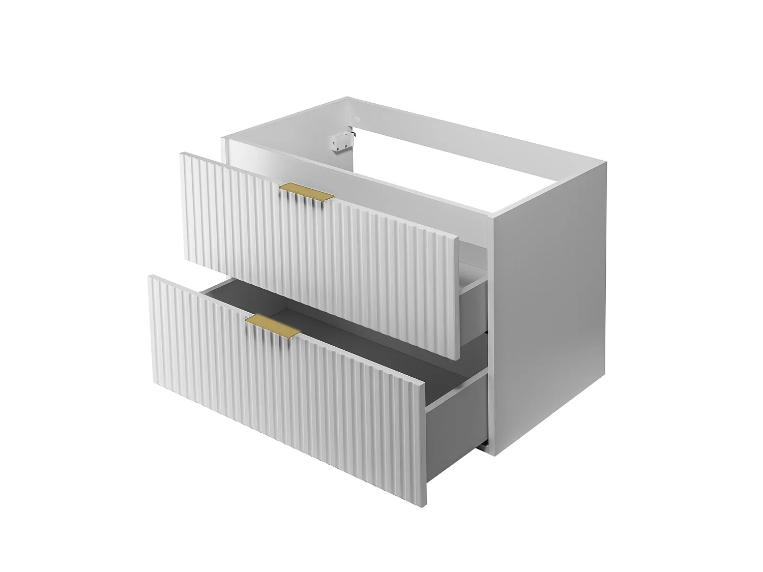 Set di mobili da bagno con cesto portabiancheria, Bianco / Piano Rovere Chiaro / Maniglie Dorate, 140 x 57 x 46 cm