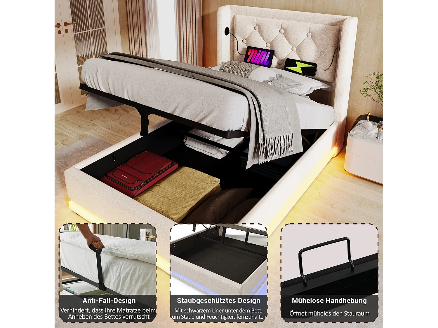 Lit 90 x 200 cm - Lit Coffre Relevable Hydraulique Avec Ports USB Type-C Et Éclairage LED 3 Côtés - En Coton - Beige - Sans Matelas