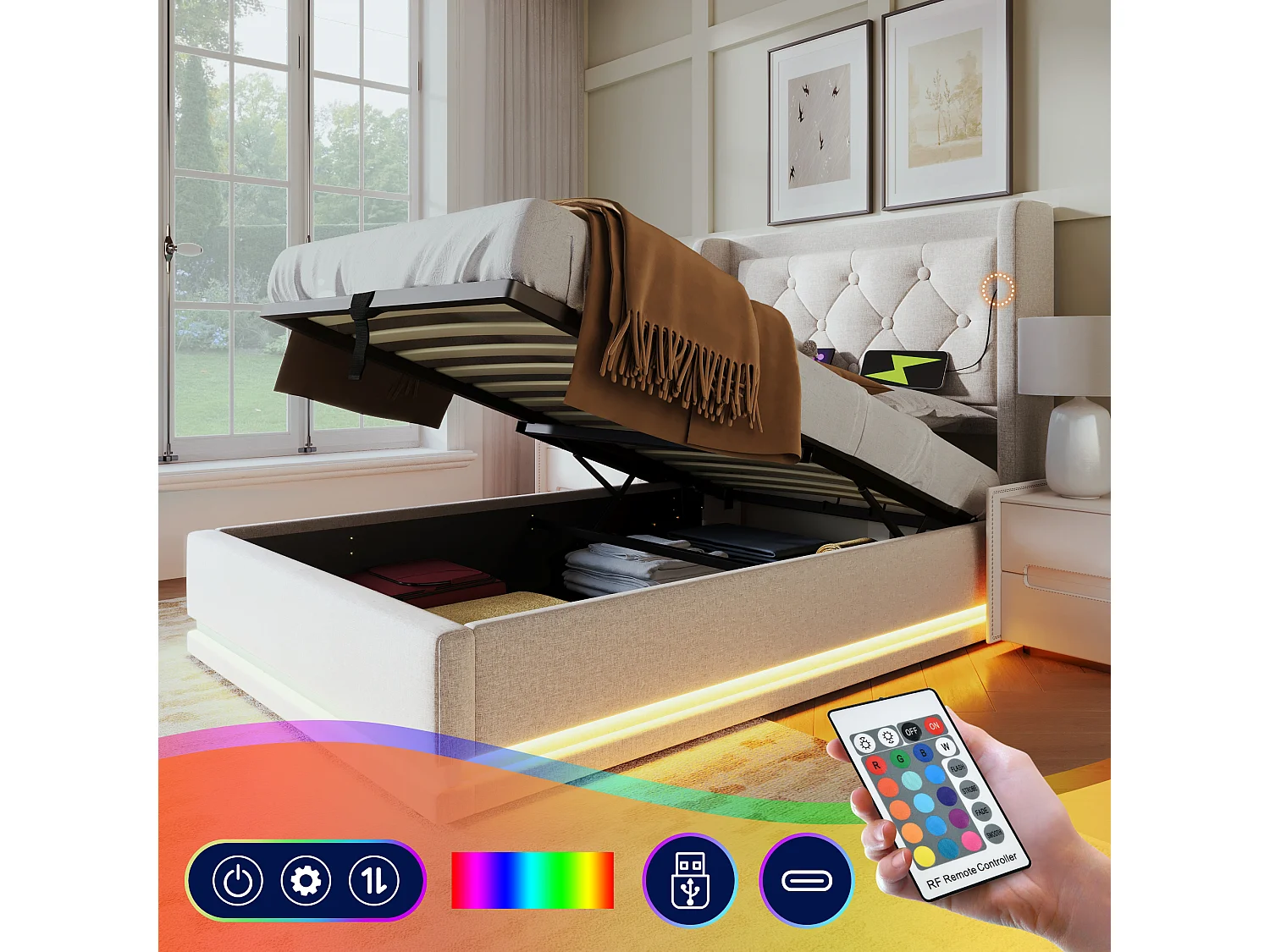 Lit 90 x 200 cm - Lit Coffre Relevable Hydraulique Avec Ports USB Type-C Et Éclairage LED 3 Côtés - En Coton - Beige - Sans Matelas