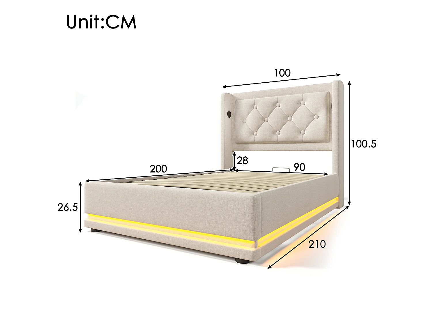 Lit 90 x 200 cm - Lit Coffre Relevable Hydraulique Avec Ports USB Type-C Et Éclairage LED 3 Côtés - En Coton - Beige - Sans Matelas