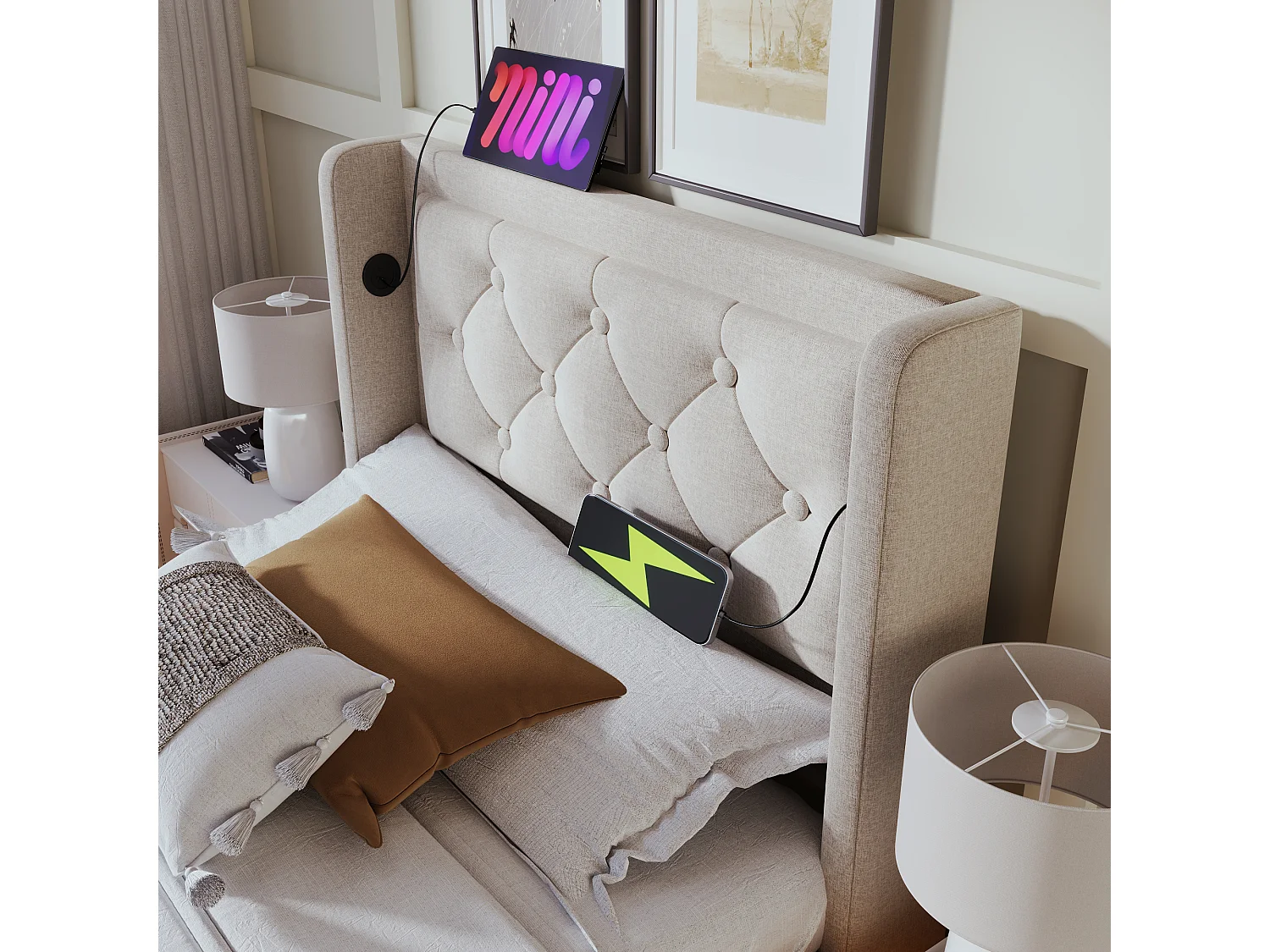 Lit 90 x 200 cm - Lit Coffre Relevable Hydraulique Avec Ports USB Type-C Et Éclairage LED 3 Côtés - En Coton - Beige - Sans Matelas