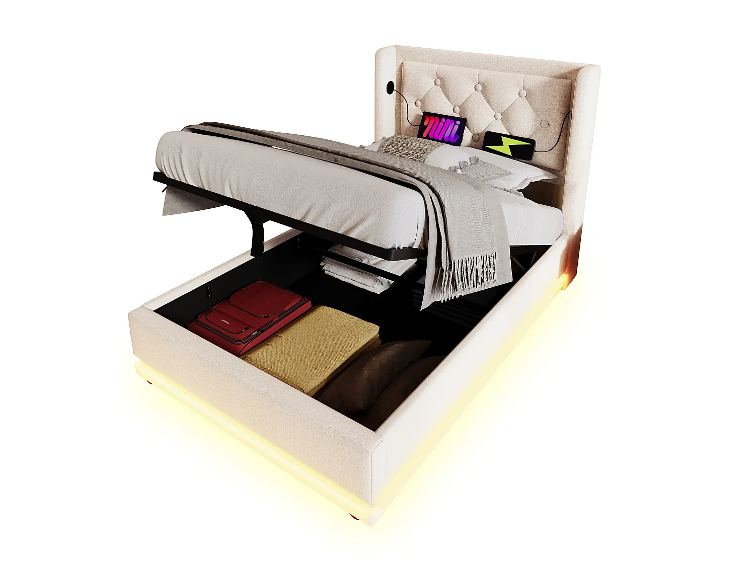Lit 90 x 200 cm - Lit Coffre Relevable Hydraulique Avec Ports USB Type-C Et Éclairage LED 3 Côtés - En Coton - Beige - Sans Matelas