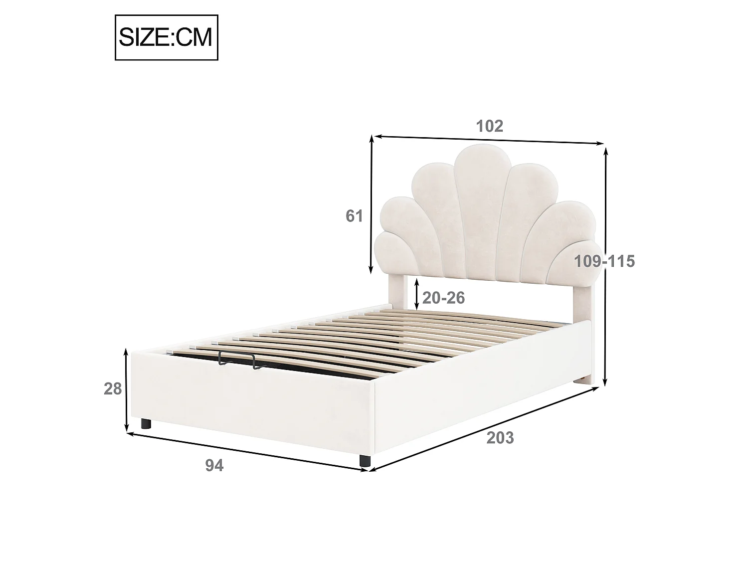 Lit 90 x 200 cm - Lit Capitonné à Coffre - en Velours - Coffre Hydraulique, Sommier à Lattes, Tête de Lit Florale - Beige - Sans Matelas