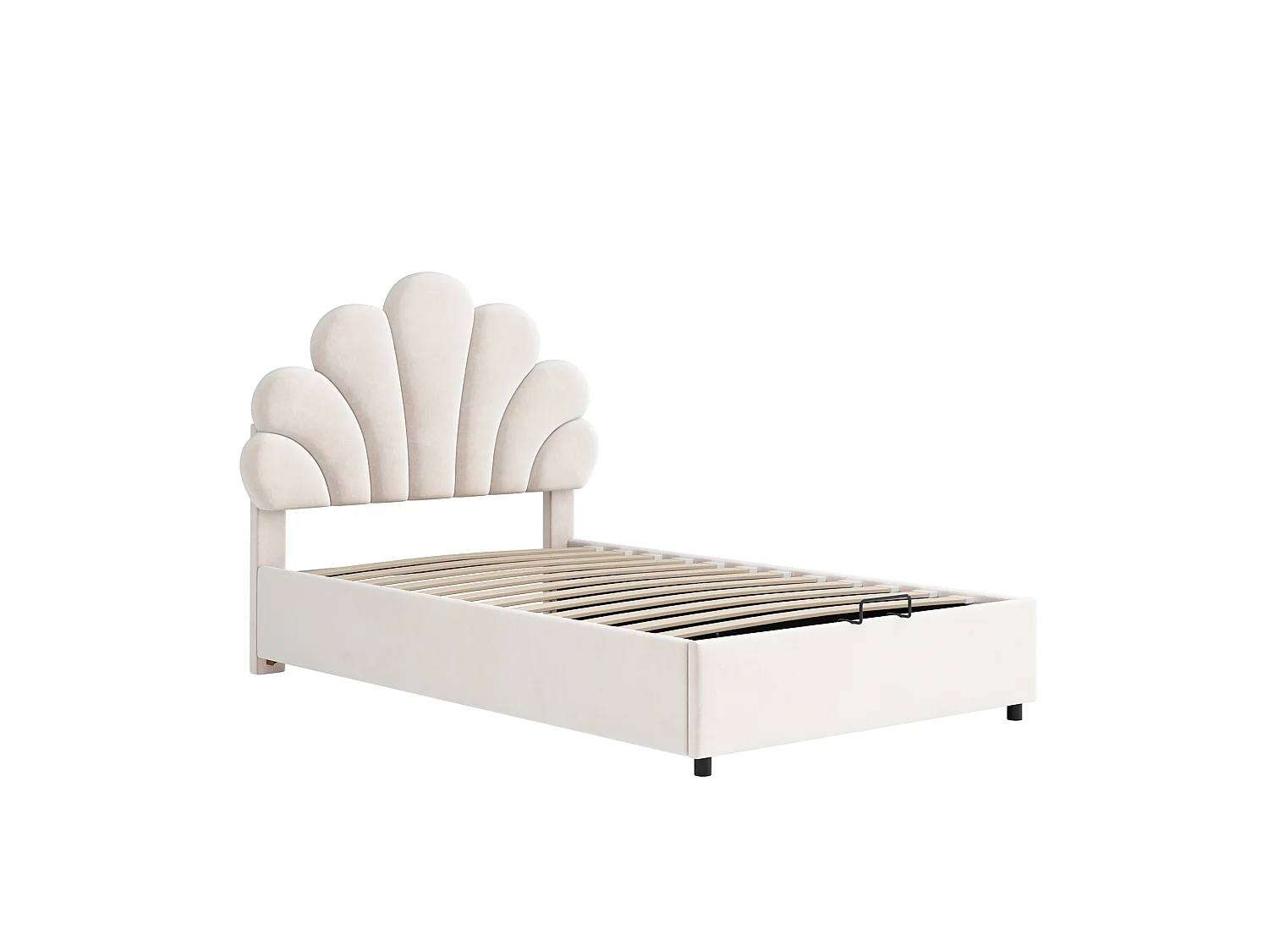 Lit 90 x 200 cm - Lit Capitonné à Coffre - en Velours - Coffre Hydraulique, Sommier à Lattes, Tête de Lit Florale - Beige - Sans Matelas